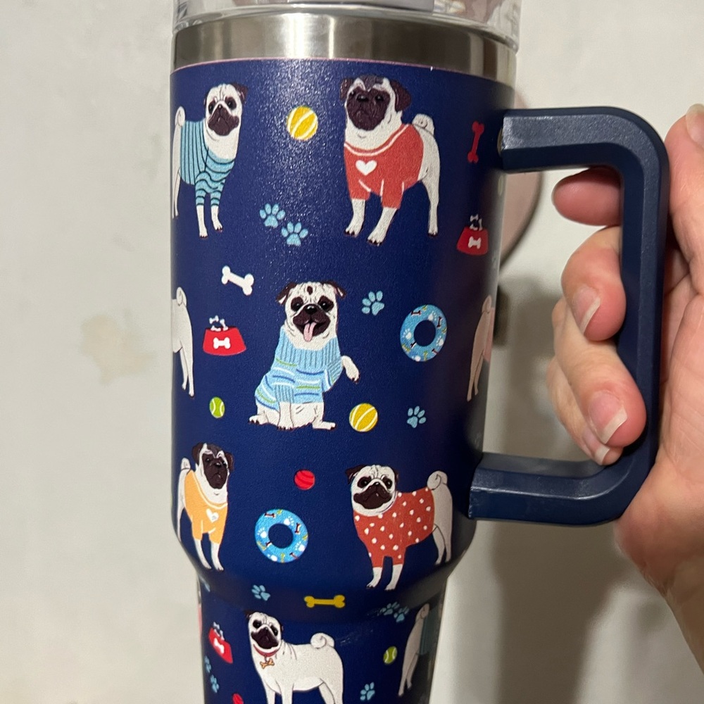Pug Patterned Dog Travel Mug - Blue